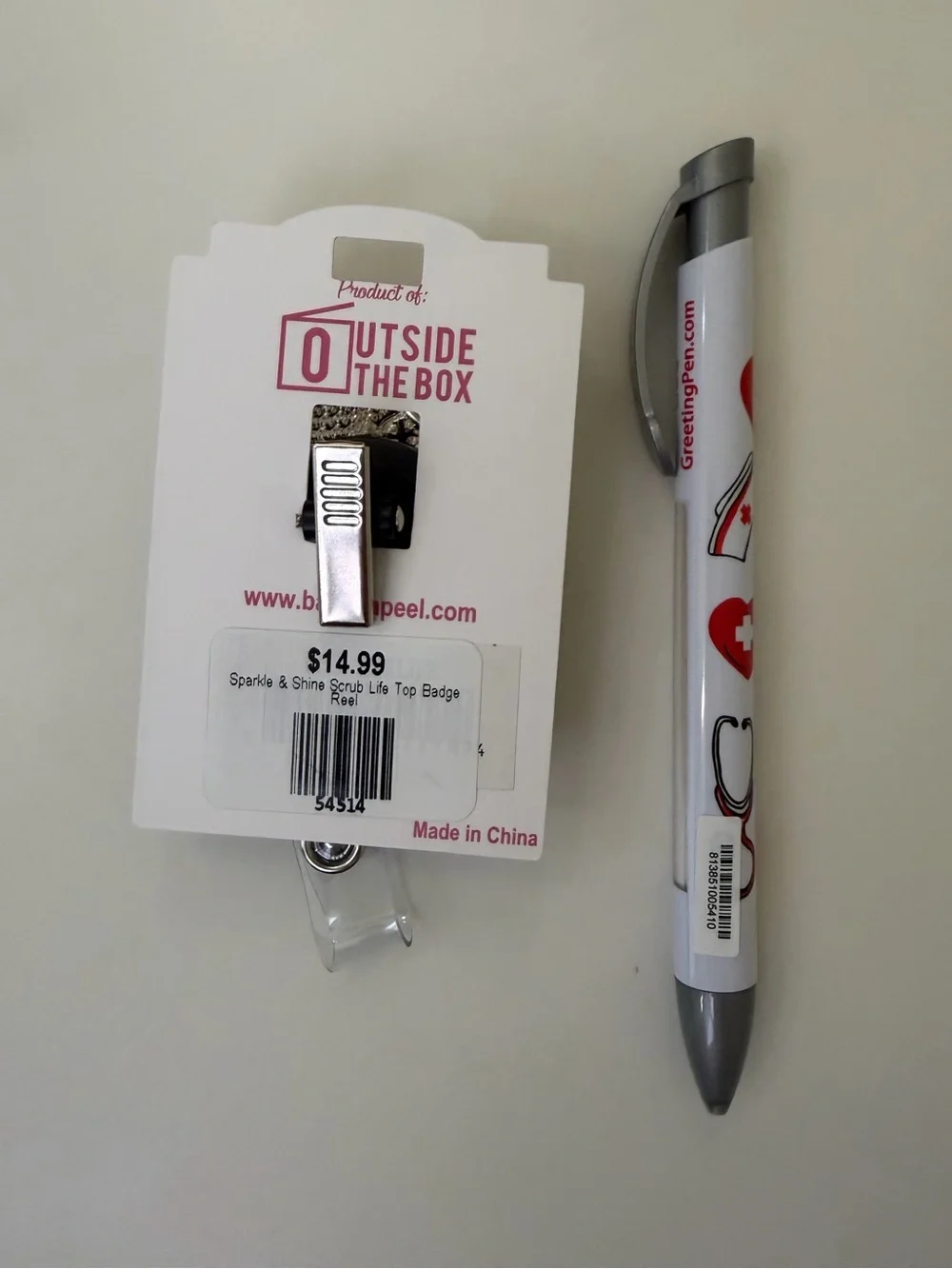 Gift Bundle SCRUB LIFE PINK Rhinestone Clip-on ID or Key Holder Nurse print Pen